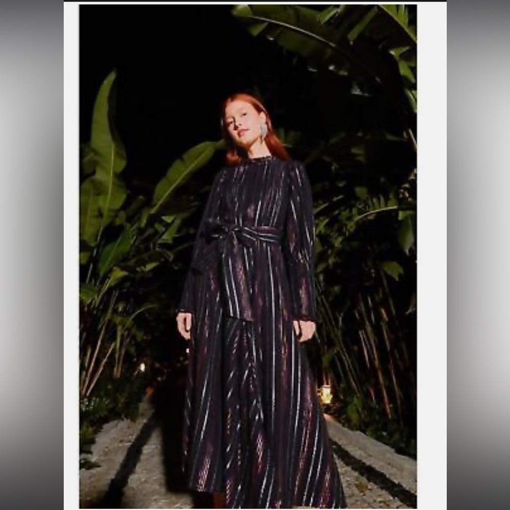 NWOT FARM RIO Sz S Metallic Lurex Stripes Long Sleeves Midi Dress